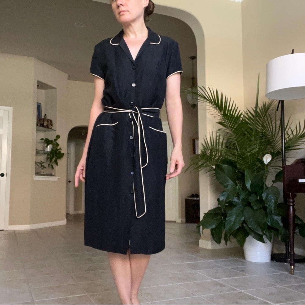 DAVID WARREN Black Silk Linen Midi Shirt Dress, vintage